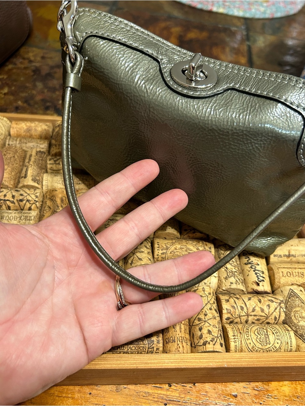 Coach Mini Metallic Olive Green Wristlet - Picture 12 of 16